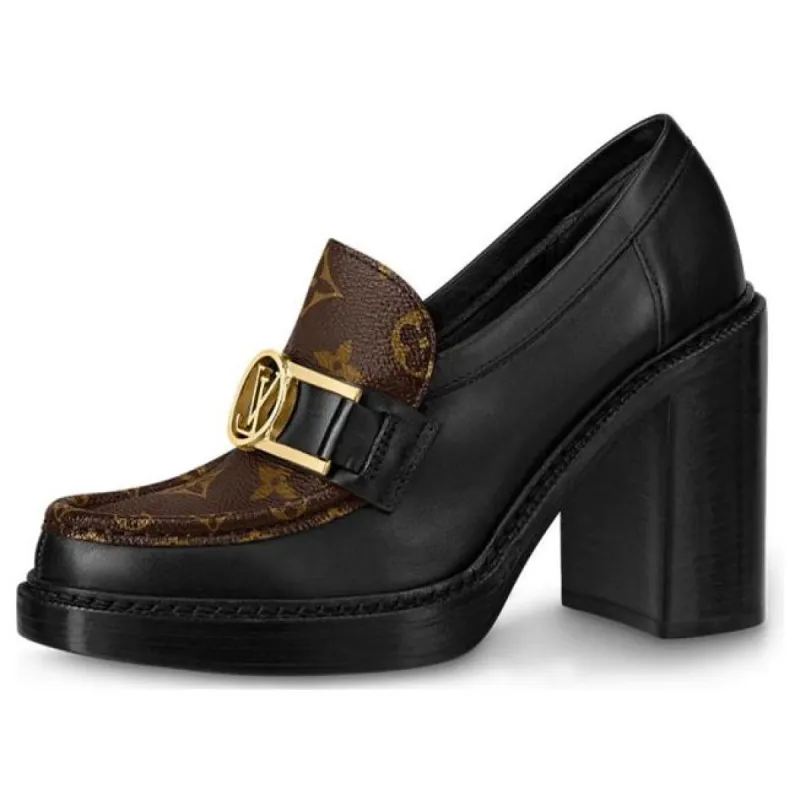 (WMNS) LOUIS VUITTON Academy Heeled Loafers 'Black with Brown Monogram' 1A86LV sold by KicksCrew