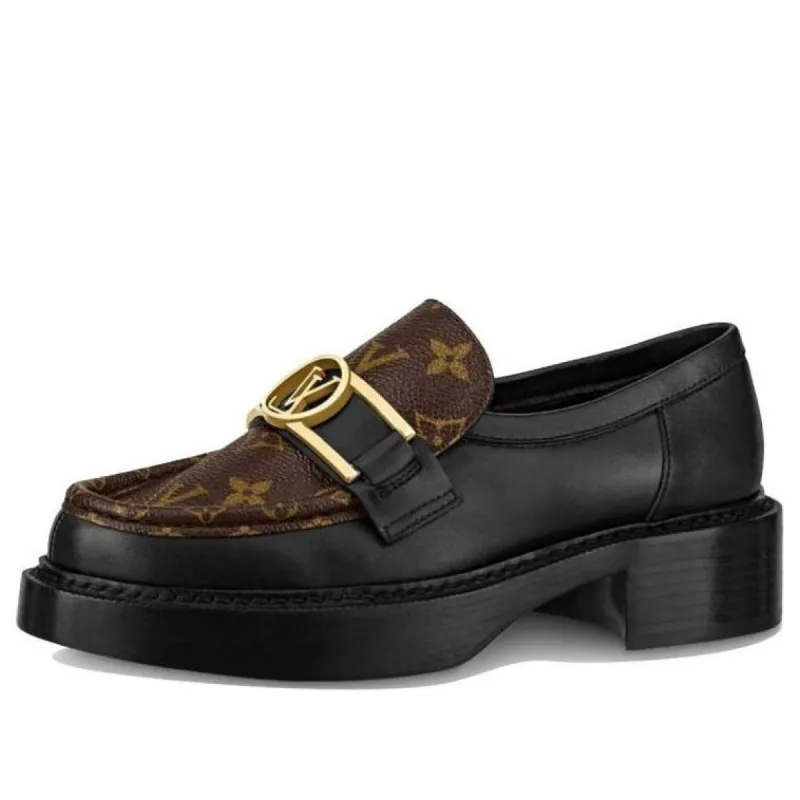 (WMNS) LOUIS VUITTON Academy Loafers 'Black with Brown Monogram and Gold Plate' 1A7TXN sold by KicksCrew