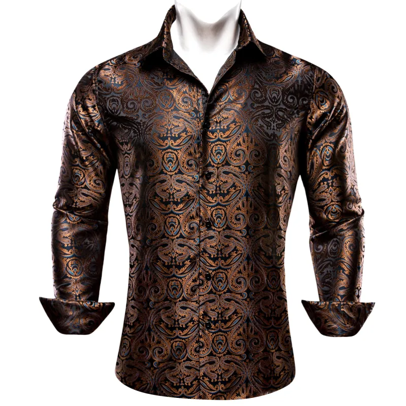 Barry. Wang Men's Shirt Brown Blue Woven Paisley Silk Long Sleeve Shirt sold by Barrywang