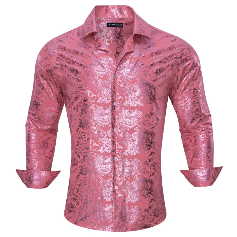 Barry. Wang Men's Bronzing Shirt Watermelon Pink Floral Silk Shirt sold by Barrywang