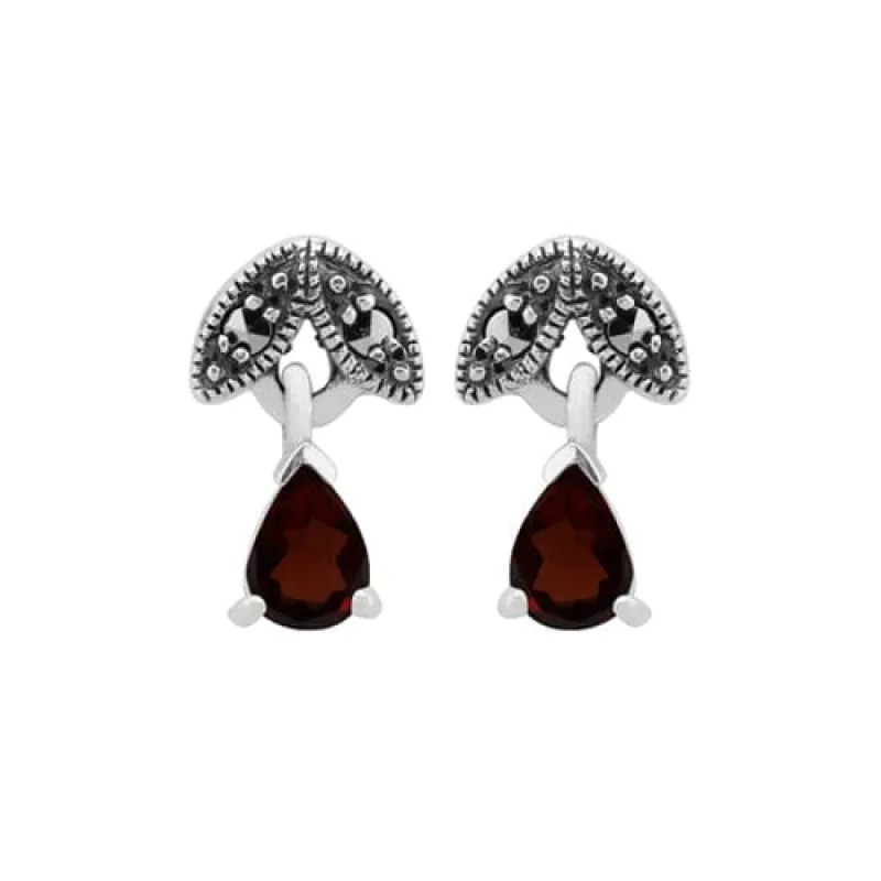 Art Nouveau Style Pear Garnet & Marcasite Drop Earrings in 925 Sterling Silver sold by Gemondo Jewellery