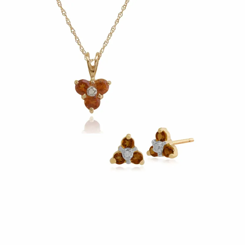 Floral Round Citrine & Diamond Flower Stud Earrings & Pendant Set in 9ct Yellow Gold sold by Gemondo Jewellery
