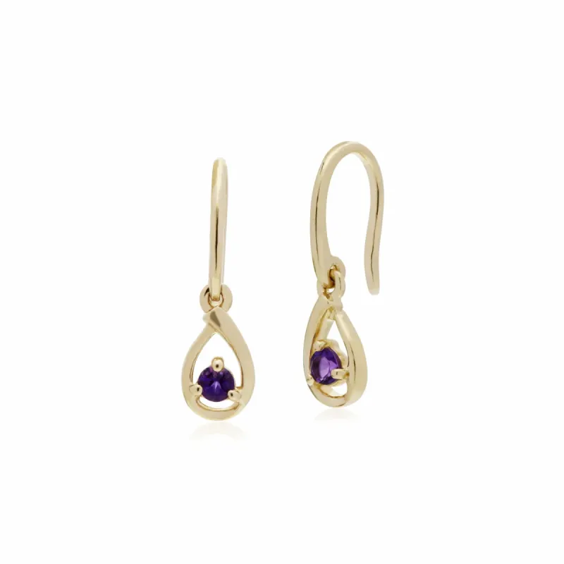 Classic Single Stone Round Amethyst Tear Drop Earrings in 9ct Yellow Gold sold by Gemondo Jewellery