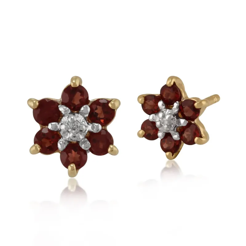 Floral Oval Garnet & Diamond Cluster Stud Earrings in 9ct Yellow Gold sold by Gemondo Jewellery