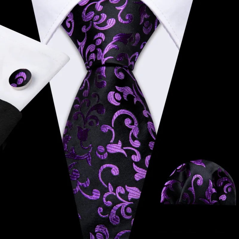 Barry. Wang Black Purple Necktie Floral Tie Handkerchief Cufflinks Set sold by Barrywang