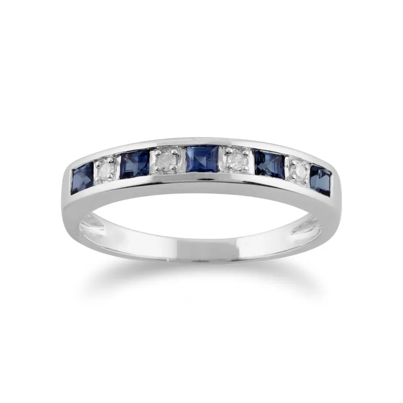Classic Square Light Blue Sapphire & Diamond Half Eternity Ring in 9ct White Gold sold by Gemondo Jewellery