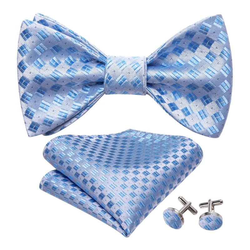 Barry Wang Mens Blue Ties White Plaid Silk Bow Tie Hanky Cufflinks Set sold by Barrywang
