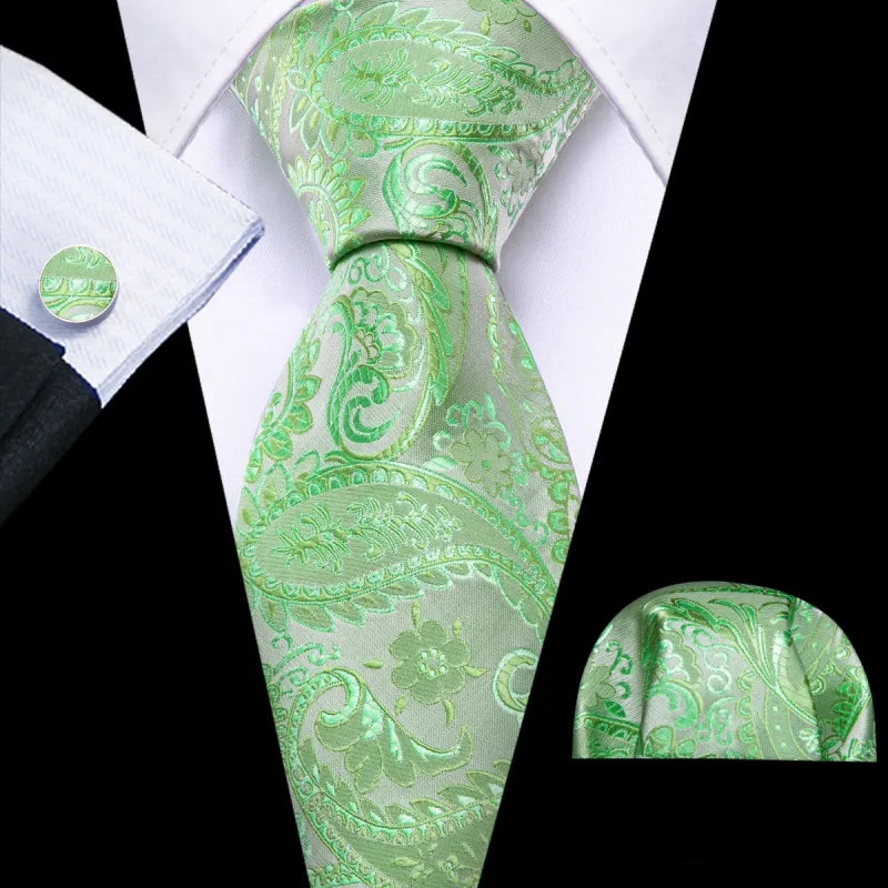 Barry Wang Light Green Paisley Silk Tie Handkerchief Cufflinks Set sold by Barrywang