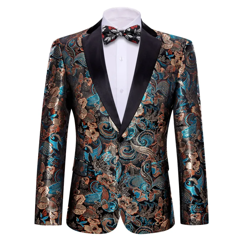 Barry. Wang Men's Dress Party Brown Blue Floral Suit Jacket Slim One Button Stylish Blazer sold by Barrywang