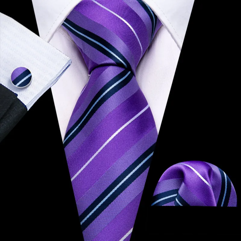 Barry Wang Purple White Striped Silk Tie Pocket Square Cufflinks Set sold by Barrywang