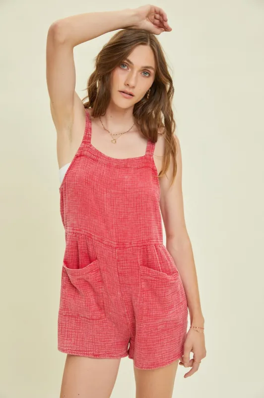 Cherry Red Washed Gauze Overall Style Romper sold by Pinkblush