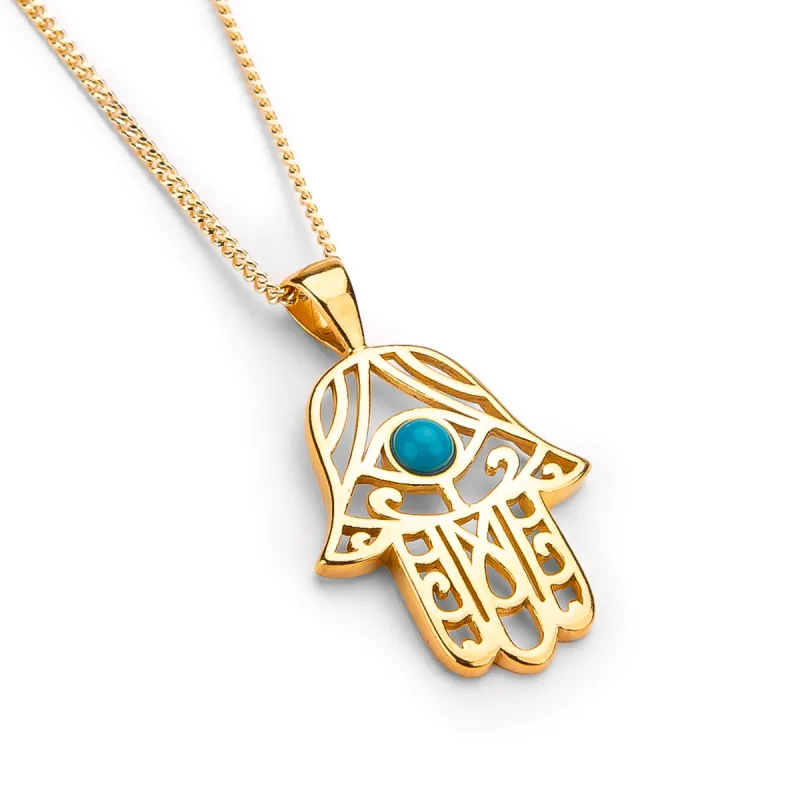 Hamsa Hand Necklace in Silver with 24ct Gold & Turquoise sold by Henryka