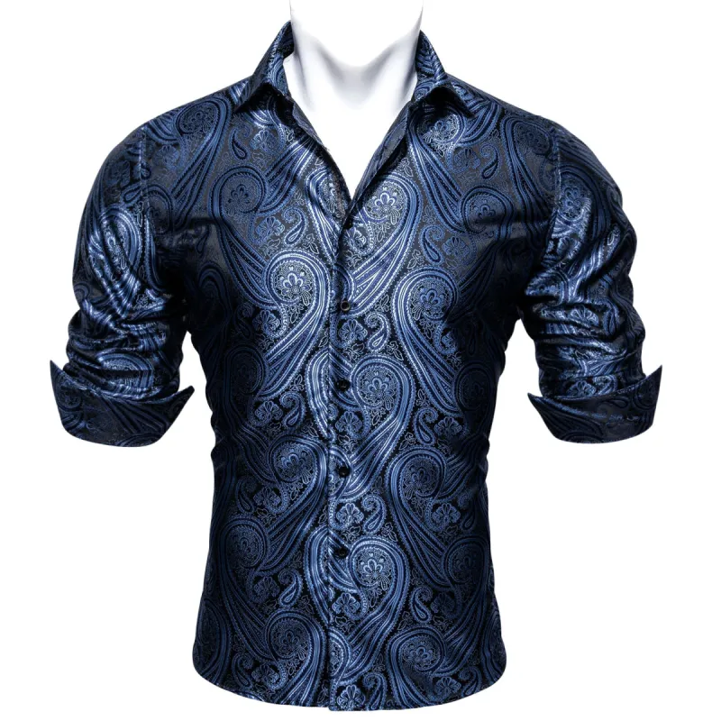Barry Wang Blue Black Paisley Fitted Silk Men's Long Sleeve Shirt sold by Barrywang