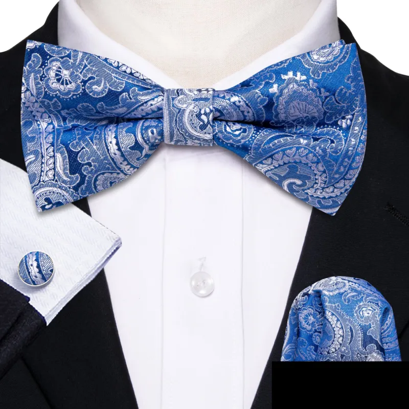 Barry Wang Blue Silver Paisley Pre-tied Bow Tie Hanky Cufflinks Set sold by Barrywang