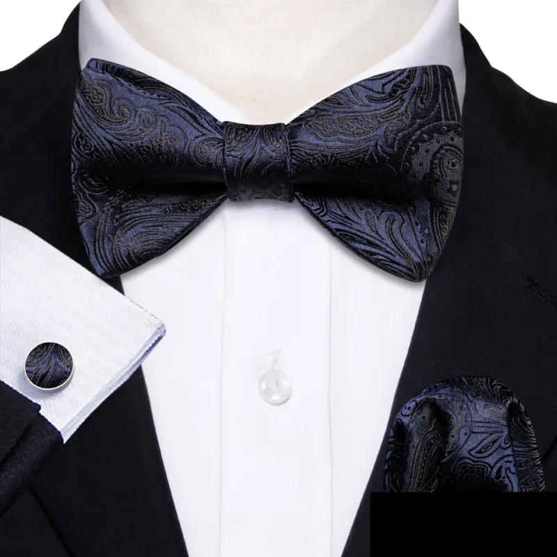 Barry Wang Dark Blue Black Paisley Self Tie Bow Tie Hanky Cufflinks Set sold by Barrywang