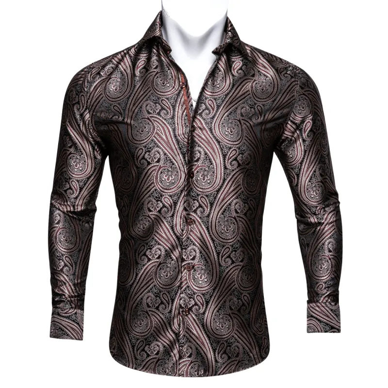 Barry Wang Brown Black Silk Tribal Long Sleeve Daily Tops Men's Shirt sold by Barrywang
