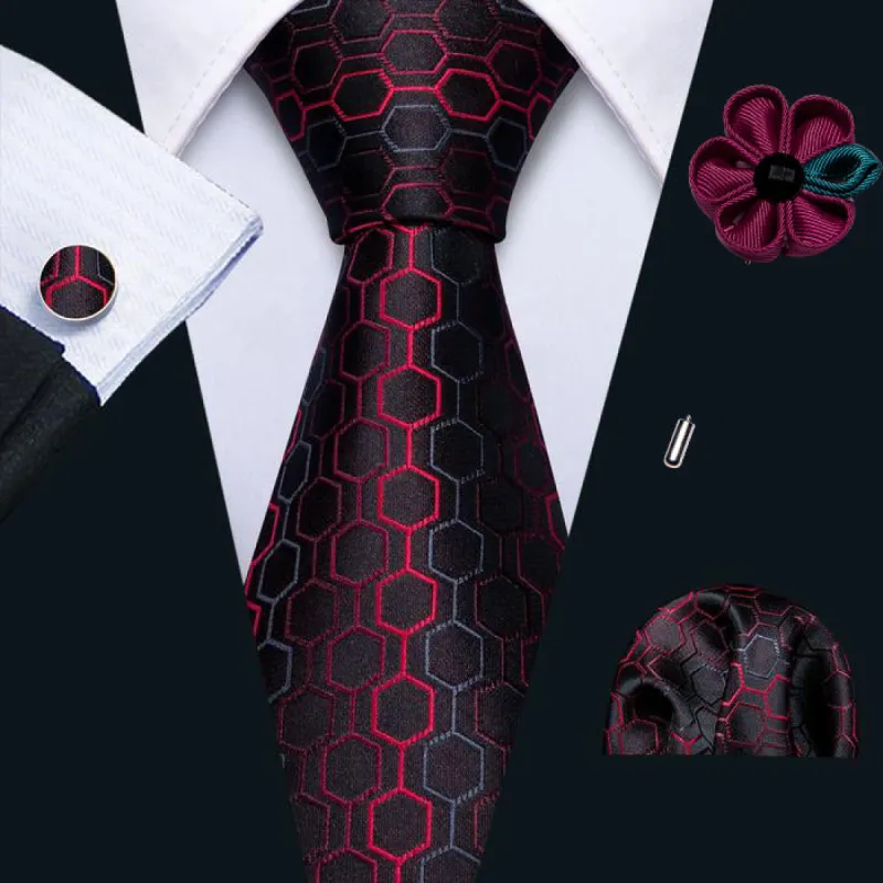 Barry.Wang Black Tie Red Geometric Silk Men's Necktie Pocket Square Cufflinks Brooch Set sold by Barrywang