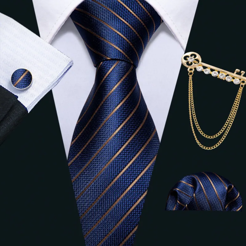 Barry. Wang Blue Tie Golden Striped Men's Tie Set with Lapel Pin Brooch sold by Barrywang
