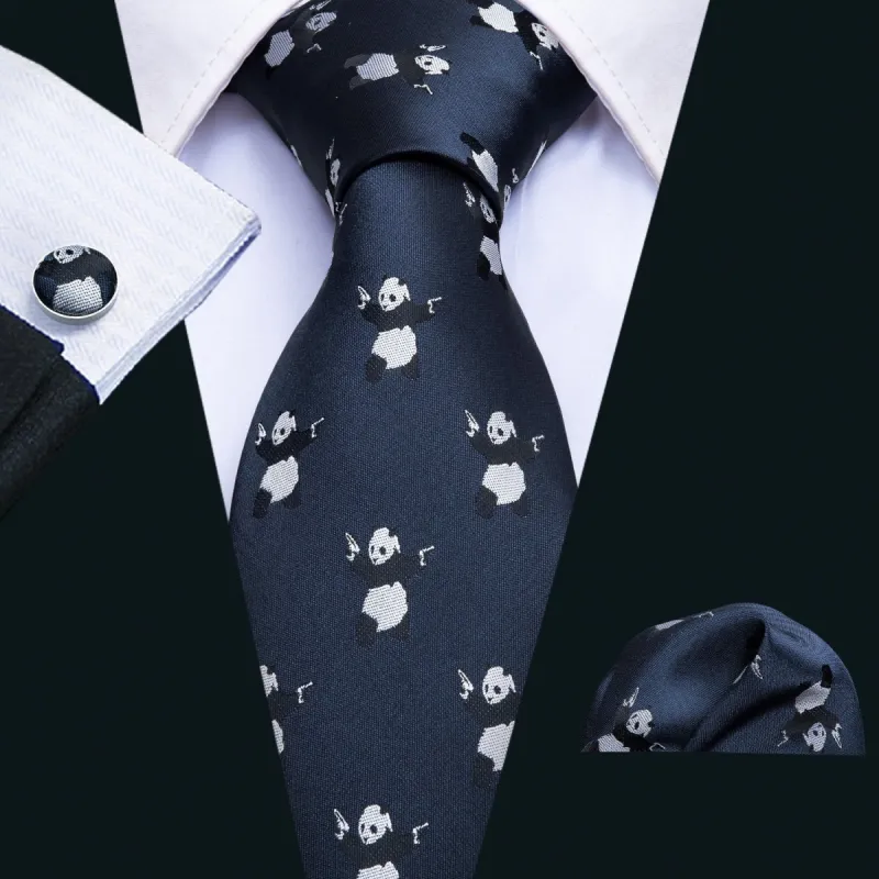 Barry. Wang Blue Tie Panda Novelty Men's Silk Tie Hanky Cufflinks Set sold by Barrywang