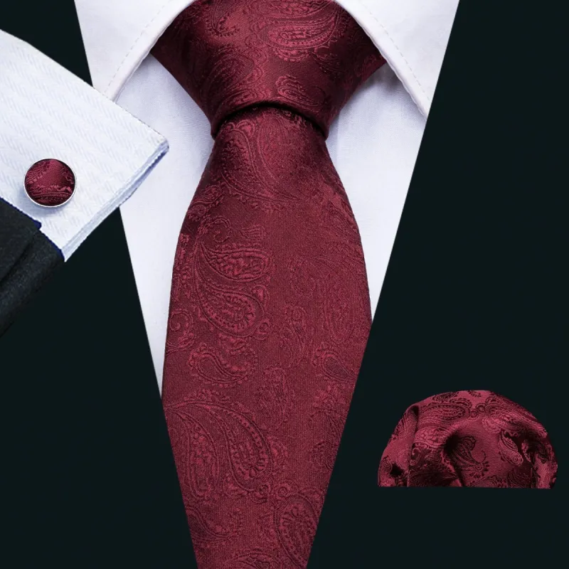 Barry Wang Solid Necktie Burgundy Paisley Silk Tie Hanky Cufflinks Set sold by Barrywang