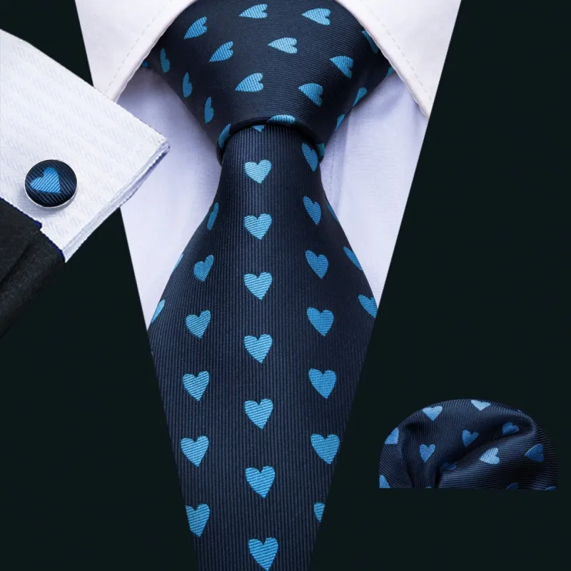 Barry. Wang Navy Blue Tie Heart Novelty Men's Tie Hanky Cufflinks Set sold by Barrywang