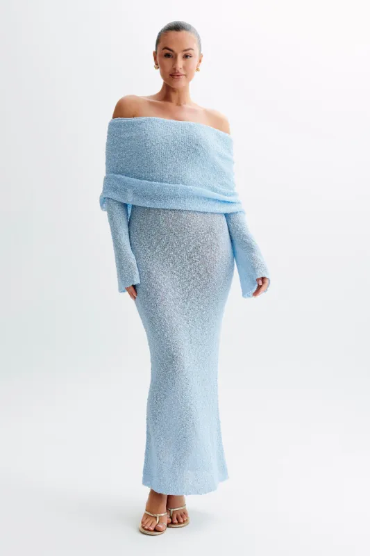 Marisol Off Shoulder Boucle Maxi Dress - Light Blue sold by Meshki