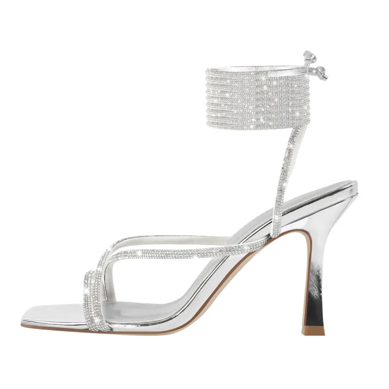 Rhinestone Lace-Up Square Toe Stiletto Sandals sold by Onlymaker