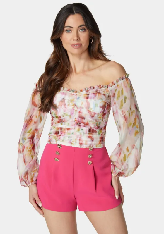Printed Chiffon Cold Shoulder Ruched Top sold by Bebe