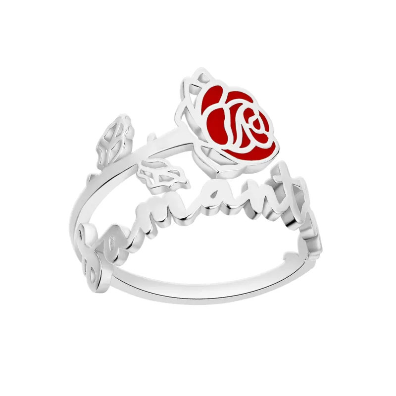 Sterling Silver Script Name and Birthmonth Enamel Flower Bypass Ring sold by Limoges Jewelry