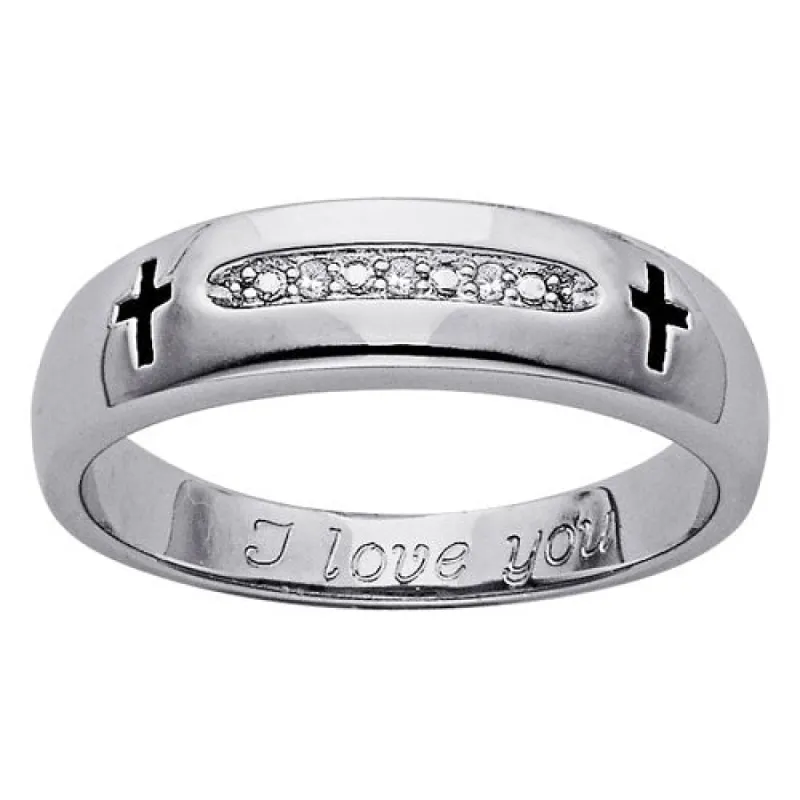 SterlingPLUS Platinum over Sterling Genuine Diamond Cross Engraved Wedding Band sold by Limoges Jewelry