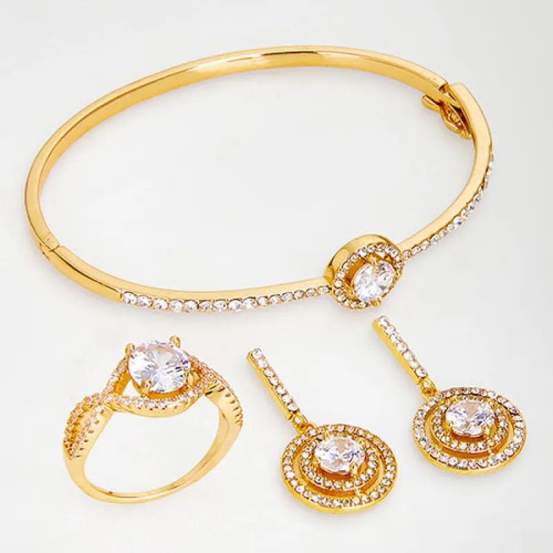 Goldtone CZ Dangle Earrings,  Ring, and Cuff Bracelet Set sold by Limoges Jewelry