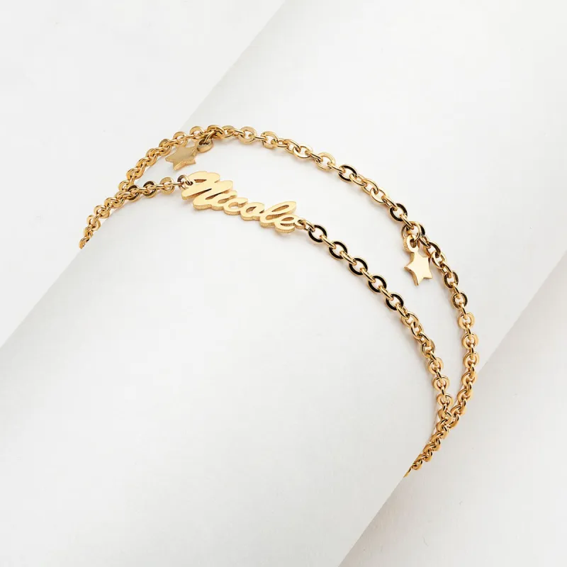 Gold Stainless Steel Double Chain Star Charm and Name Anklet sold by Limoges Jewelry