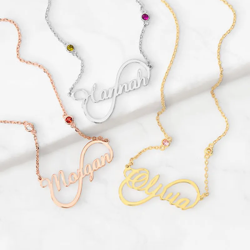 Sterling Silver Script Name Infinity and Birthstone Necklace sold by Limoges Jewelry