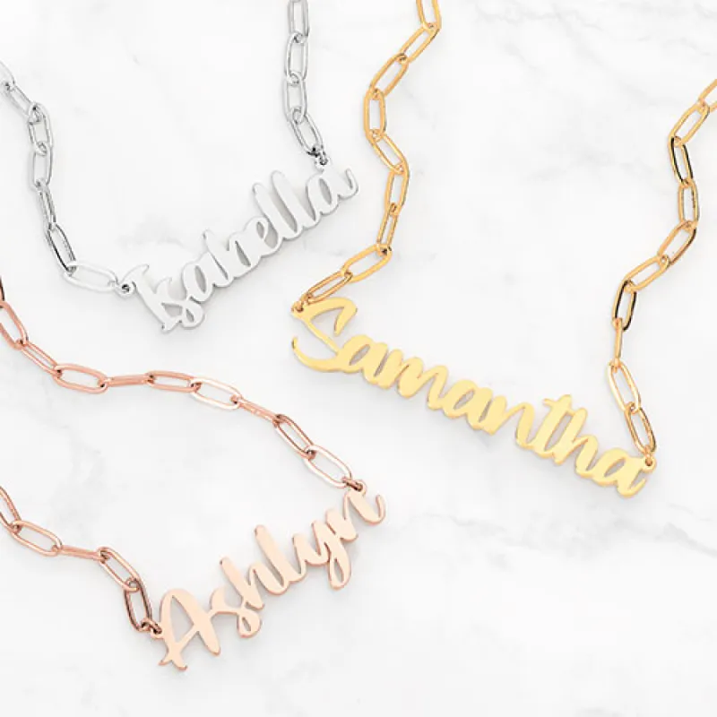 Sterling Silver Brush Script Name Paper Clip Chain Necklace sold by Limoges Jewelry