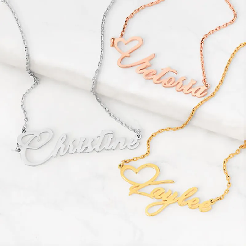 Fancy Script Name with Heart Necklace sold by Limoges Jewelry