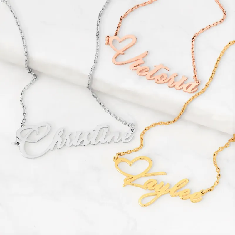 Sterling Silver Fancy Script Name with Heart Necklace sold by Limoges Jewelry
