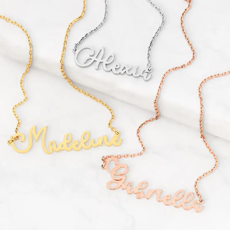Sterling Silver Fancy Script Name Necklace sold by Limoges Jewelry