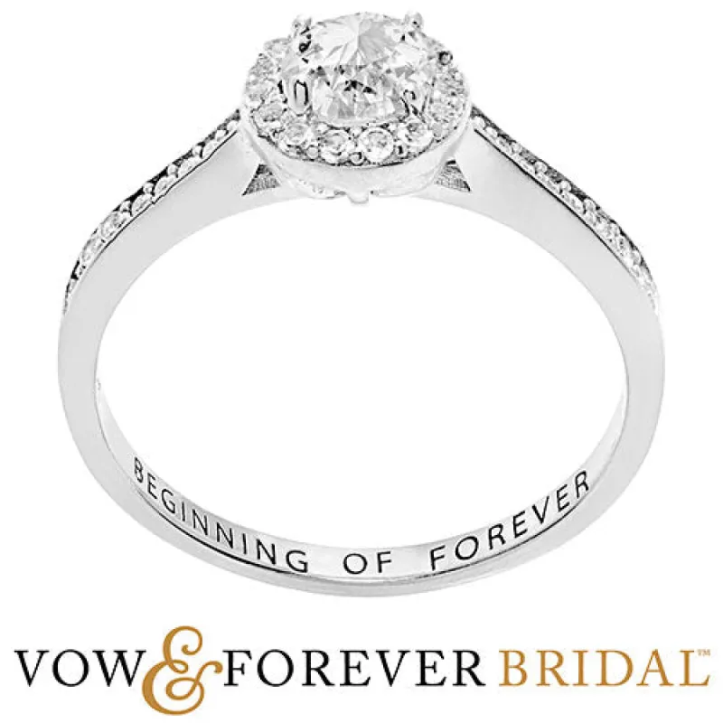 Platinum over Sterling Halo White Topaz Solitaire Engraved Engagement Ring sold by Limoges Jewelry