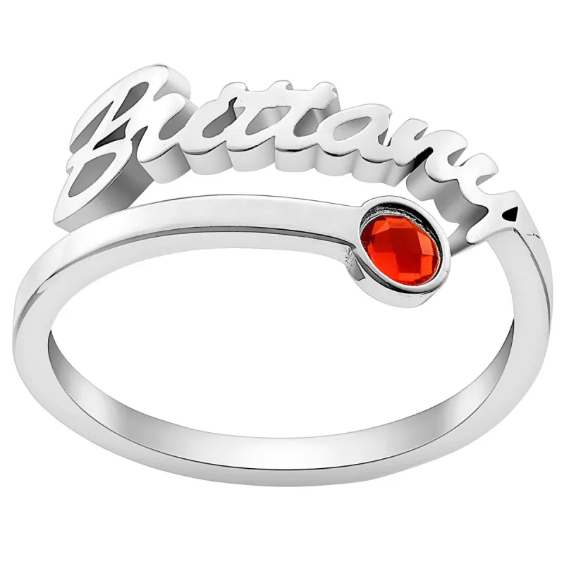 Sterling Silver Script Name with Birthstone Bypass Ring sold by Limoges Jewelry