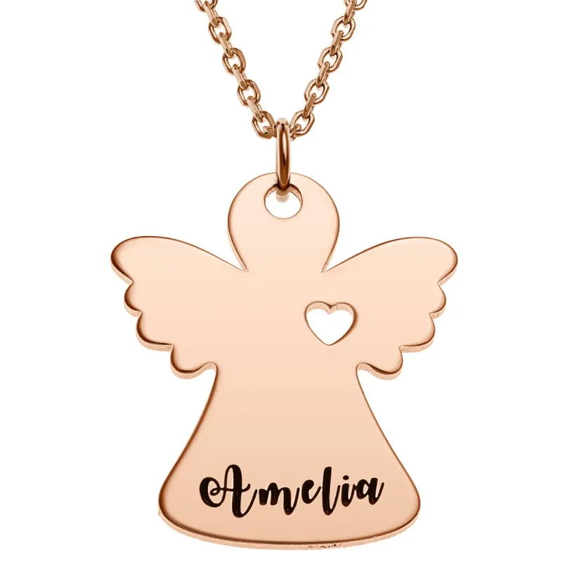 14K Rose Gold Plated Engraved Name Angel with Heart Necklace sold by Limoges Jewelry
