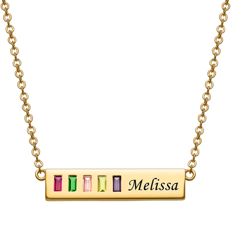 14K Gold over Sterling Engraved Name and Baguette Birthstone Bar Pendant sold by Limoges Jewelry