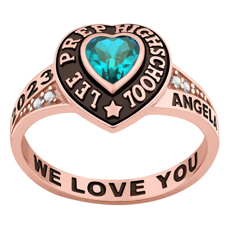 Ladies' Rose Yellow Celebrium Traditional Heart Birthstone with CZ Accents Class Ring sold by Limoges Jewelry