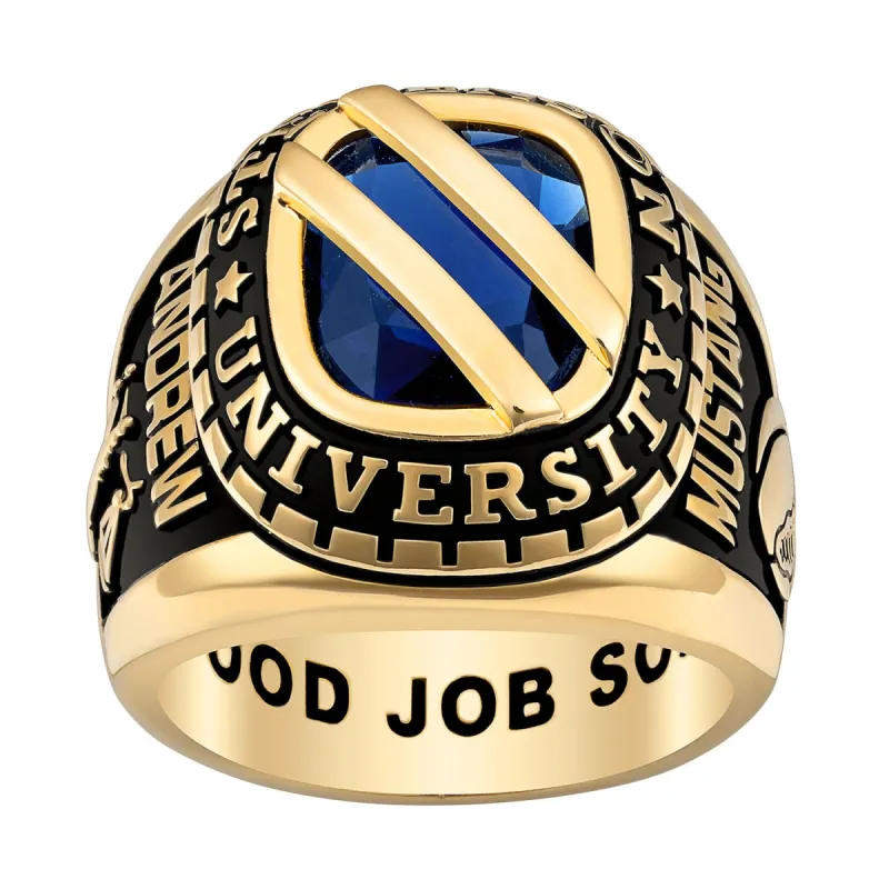 Men's Gold Celebrium Birthstone with Diagonal Bridge Class Ring sold by Limoges Jewelry