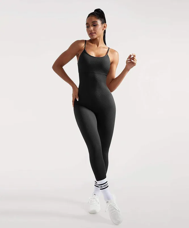 Ribbed Tummy Control Solid Color Spaghetti Strap Seamless Jumpsuit sold by MOOSLOVER