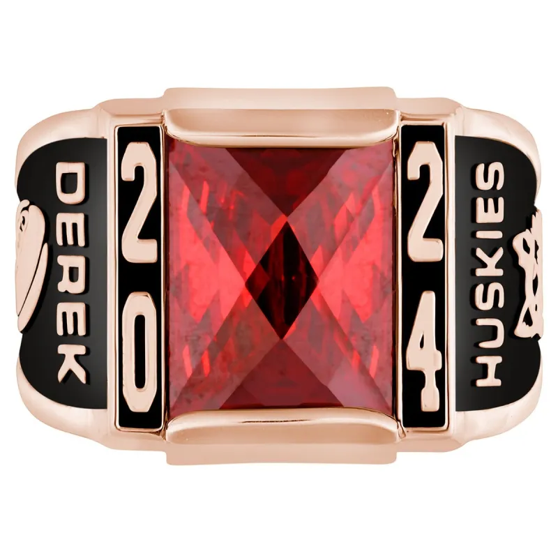 Men's Rose Gold CELEBRIUM Traditional Deco Birthstone Class Ring sold by Limoges Jewelry