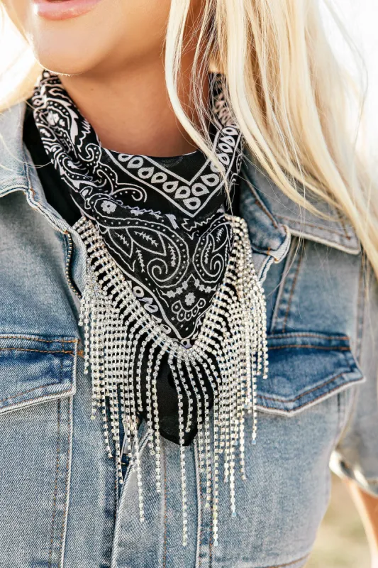 NEW!! Crystal Fringe Bandana in Black sold by Glitzy Bella