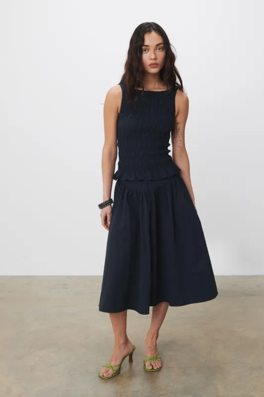 The Deba Midi Skirt, Navy sold by Peachy Den