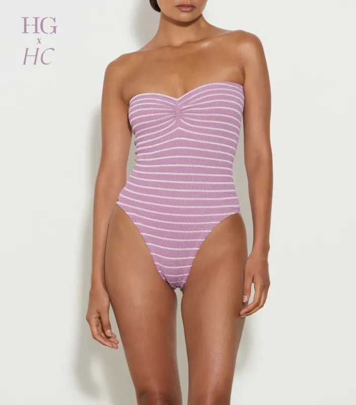 Hunza G x Helena Christensen Brooke Stripe Swim - Lavender/White sold by Hunza G