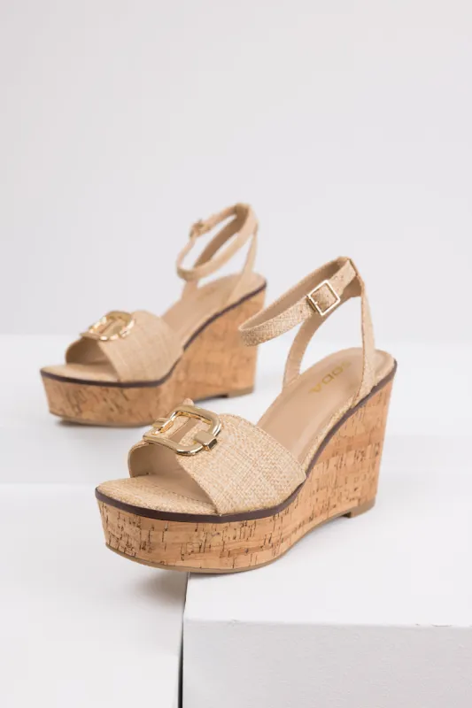 Beige Open Toe Wedges with Gold Buckle Detail sold by Lime Lush
