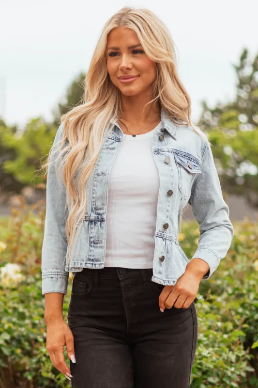 KanCan Light Wash Denim Peplum Jacket sold by Lime Lush